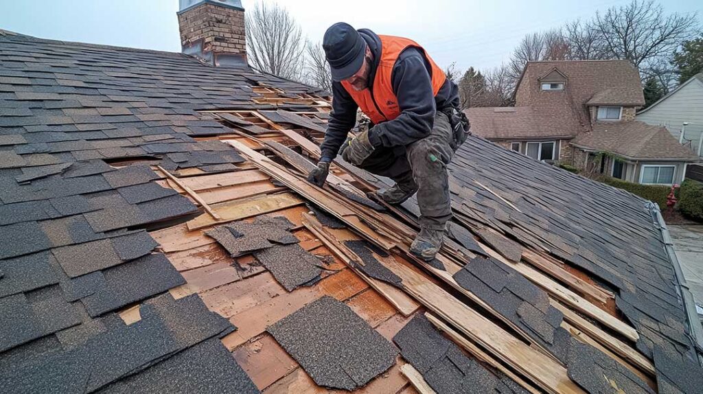 Homeowner examining dark roof streaks near a gutter while standing safely on the ground