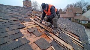 Homeowner examining dark roof streaks near a gutter while standing safely on the ground