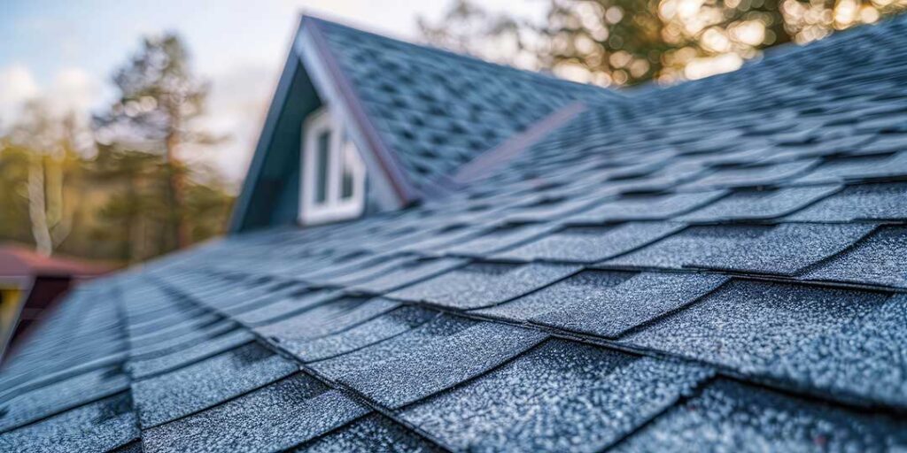 Person in traction footwear carefully stepping across a dry shingle roof beside a secured extension ladder.